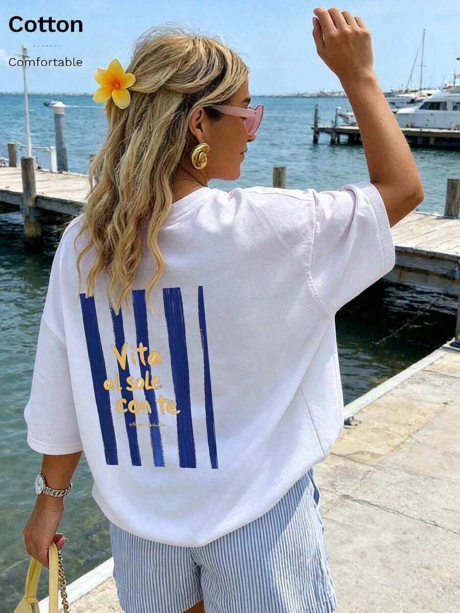 Camiseta para Mujer con Estampado de Frase, Cuello Redondo, Manga Corta, Diseño Oversized, Ideal para Uso Diario - Blanco - Ver 1
