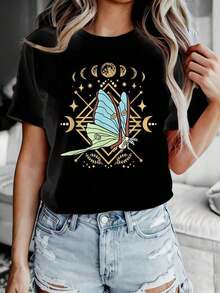 Women's Plus Size T-Shirt With Fun Butterfly Moon Design, 1 Piece, Oversized Graphic Short Sleeve T-Shirt, Novelty, 100% Polyester, Versatile, Casual Crew Neck, 220g - 黑色 - 查看 8