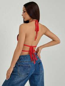 Top sin espalda con cuello de halter con pliegues y cintura con lazo para mujer - Burdeos - Ver 2