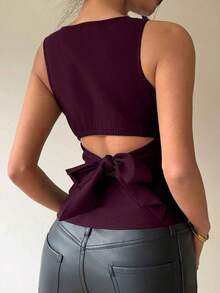 Blusa sin mangas con cuello redondo y lazo en la espalda, para uso casual y de oficina - Burdeos - Ver 2