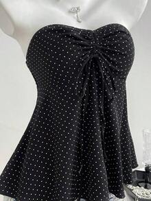 Top de tirantes con cintura ceñida y estampado de lunares, trajes de baño de primavera/verano para mujeres con parte superior de lunares con lazo, blusas de verano para mujeres con estampado de lunares, top sin tirantes con estampado de lunares - Negro - Ver 5