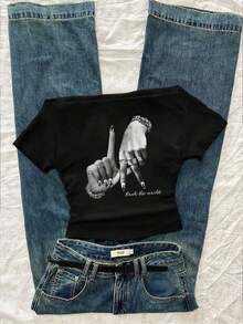 Camiseta de manga corta ajustada con hombros descubiertos y pliegues en la cintura, con estampado de limón, adecuada para el verano - Negro 5 - Ver 5