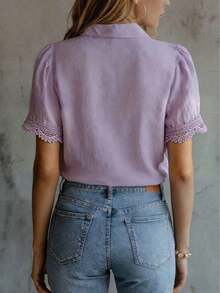 Blusa elegante de mujer con unicolor, bordado y parches de encaje, versátil para el hogar, uso diario y todas las estaciones, rosa de verano - Púrpura malva - Ver 2