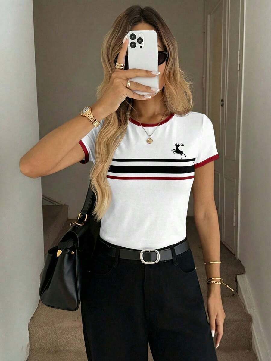 Camiseta de manga corta de cuello redondo ajustada con rayas blancas y negras, adecuada para primavera/verano - Multicolor - Ver 1