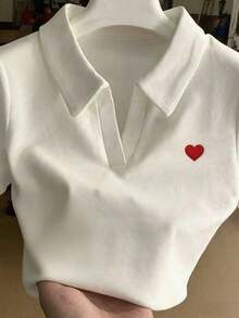Camiseta de manga corta ajustada con cuello bordado para mujer - Blanco 3 - Ver 7