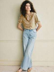 Camisa azul de mujer con cuello con volantes, mangas de pétalos y textura de tela suave, estilo francés casual de vacaciones, primavera/verano - Albaricoque - Ver 4