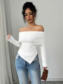 Camiseta elegante de mujer con hombros descubiertos, solapa ancha, dobladillo con cordón y ajuste delgado, para primavera y otoño - Blanco - Ver 7