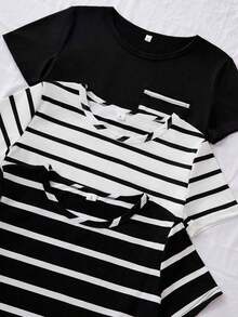 Conjunto de pijama de 3 piezas para mujer con top de manga corta y shorts a rayas de estilo casual - Blanco y Negro - Ver 3