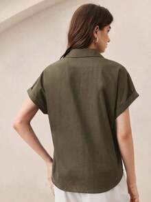 Nueva llegada Camisa casual de manga corta con botones delanteros de unicolor, adecuada para uso diario, primavera/verano - Verde militar - Ver 6