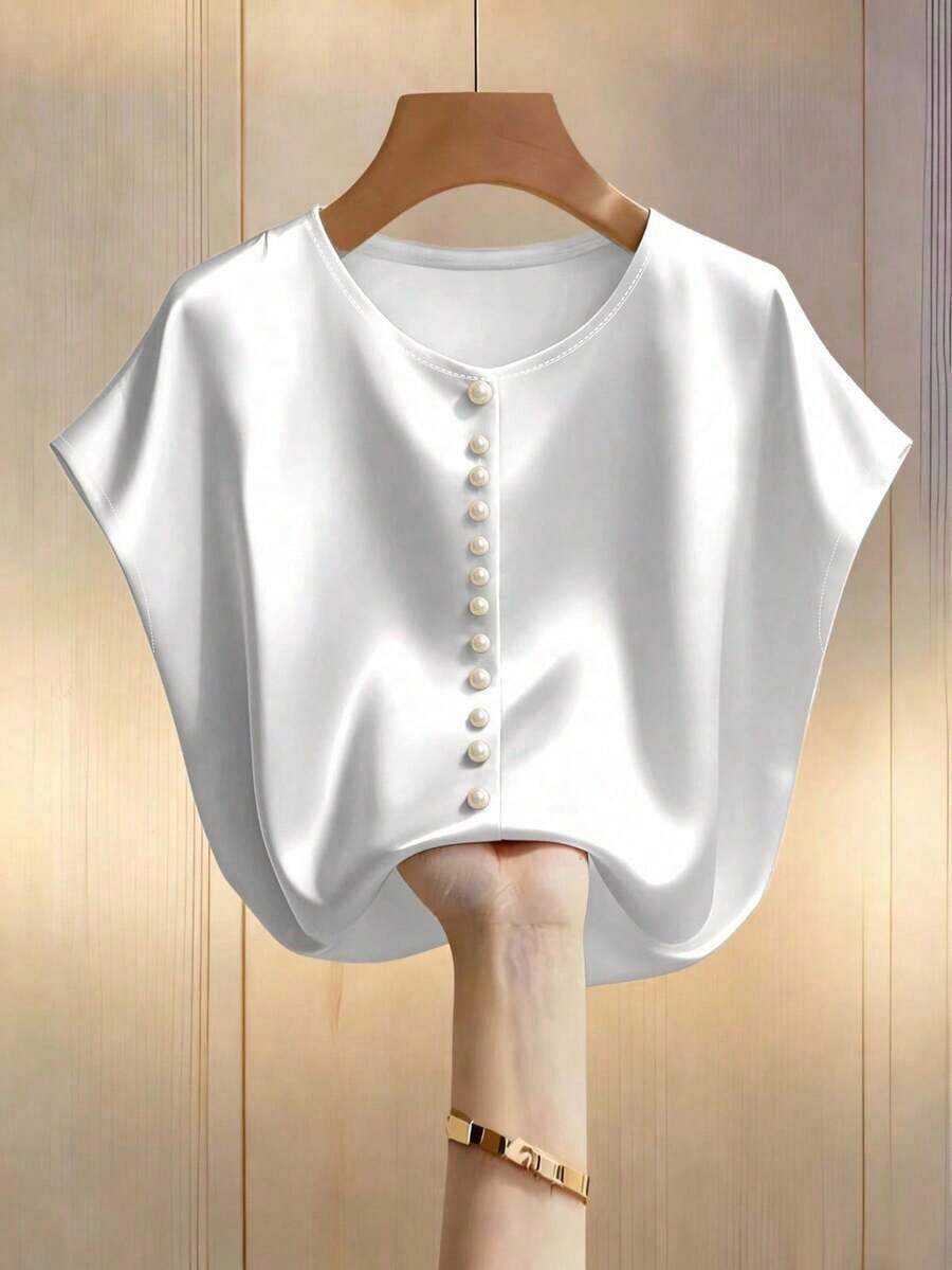 Blusa elegante de mujer con mangas de murciélago en color champán, cuello redondo decorado con perlas y manga corta, de tela de satén, adecuada para ir a trabajar y uso diario elegante - Blanco - Ver 1