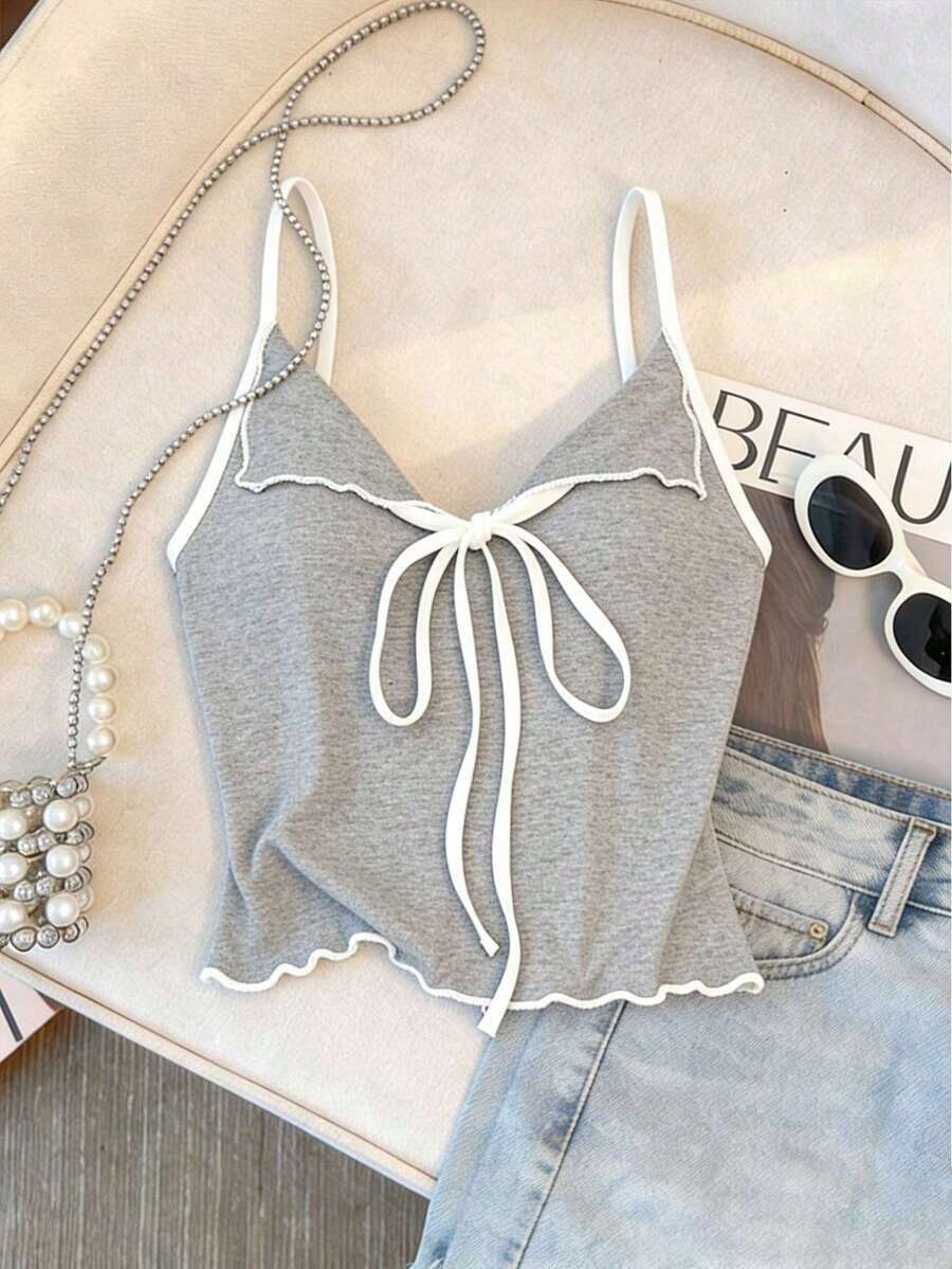 Top de tirantes con lazo y ribete de lechuga en contraste, elegante y ajustado, top para salir para mujeres, apto para el estilo del milenio - Gris - Ver 1
