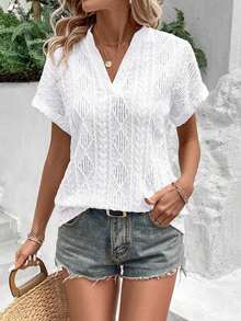 Camiseta suelta de mujer de manga de murciélago con escote en pico, de tela texturizada de unicolor, para verano y vacaciones - Blanco 2 - Ver 4