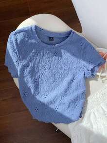 Camiseta de manga corta de cuello redondo con tejido jacquard básico de color crema, para verano - Niebla azul - Ver 5