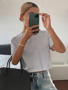 Camiseta de manga corta corta y holgada con rayas para mujer - Negro - Ver 1