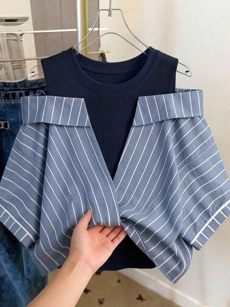 Conjunto de vacaciones para mujer con camisa a rayas de dos piezas falsa - Azul marino - Ver 1