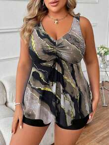 Swim Lushoire Vestido de baño con estampado de mármol para playa de talla grande y pantalones cortos de baño sólidos - Gris Claro - Ver 6