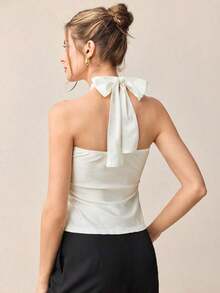 Top con cuello de halter, diseño de botón de metal verde, abertura lateral, elegante y chic para uso urbano y diario, estilo romántico retro de los 90.Adecuado para Navidad, Año Nuevo, San Valentín, fiestas, playa, graduación, moda, carnaval, bod - Blanco - Ver 2
