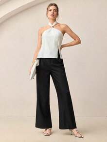 Top con cuello de halter, diseño de botón de metal verde, abertura lateral, elegante y chic para uso urbano y diario, estilo romántico retro de los 90.Adecuado para Navidad, Año Nuevo, San Valentín, fiestas, playa, graduación, moda, carnaval, bod - Blanco - Ver 6