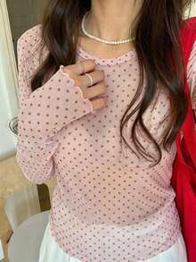 Blusa de manga larga de cuello redondo, ajuste delgado, con estampado de lunares, ropa de otoño para mujer - Rosa Pálido - Ver 1