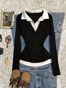 Blusa casual de manga larga con cuello de contraste y diseño 2 en 1 para mujer - Negro 2 - Ver 5