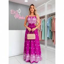 Women's Printed Long Dress In Viscose Linen With Elasticated Waist And Padded Cups, Casual Summer Style, Sizes M And XL – EKL MODA - 紫色 - 查看 2
