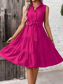 Vestido camisero con volantes en el bajo y cinturón para mujer - Rosa Fucsia - Ver 1