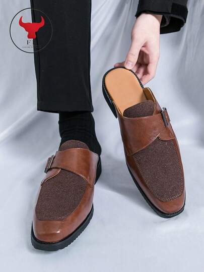 GEDOUGONGNIU Ghting Bull Men's Two-Tone Monk Strap Mule Loafers, Leather & Suede Backless Slip-On Slides, Casual Flat Dress Sandals For Indoor & Outdoor