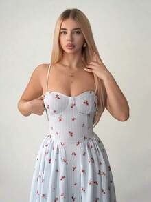 Vestido casual de tirantes tipo sundress de flujo con estampado floral minimalista en amarillo para primavera y verano - Multicolor 2 - Ver 7