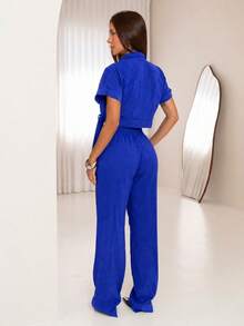 Women's Long Tailored Linen Set - Cropped Blouse And Pants - BLUE TIK LINEN - View 3