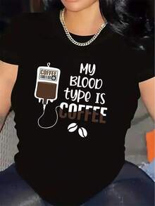Camiseta 100% algodón, con la impresión "Mi tipo de sangre es café". |   Muy adecuada para cafeterías y cocinas, duradera y ligera, perfecta para el uso diario, tela cómoda, camiseta con diseño de moda para adultos, cuello redondo, tela de elasticidad media, ropa casual para uso diario. - Negro - Ver 3