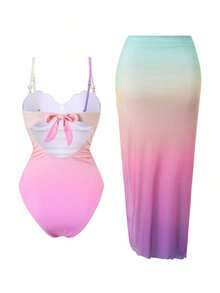 Swim Oasis Conjunto de traje de baño de 2 piezas de moda alta para mujer con falda ajustado con abertura lateral fruncida, ajustable con doble tirante y diseño de concha con degradado de color para primavera/verano - Multicolor - Ver 2