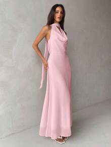 Vestido de mujer con cuello drapeado, línea A y espalda descubierta en color amarillo fluido - Rosa Pálido - Ver 6