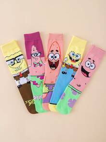 SpongeBob SquarePants 5雙隨機款 SquarePants 卡通中筒襪，適合街頭風與休閒穿搭，可愛校服與日常穿著 - 彩色 - 查看 9
