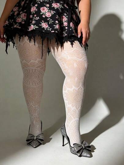 1pc Plus Size Women's Fishnet Leggings, Hollow Out Jacquard Tights, Sexy Fashion Fishnet Stockings, Retro Y2K Gothic Style Footless Pants, Suitable For Halloween, Christmas, Parties, Daily Wear