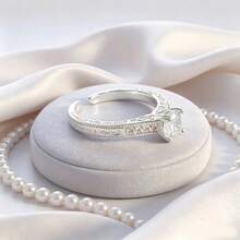 1 chiếc nhẫn nữ thanh lịch, mạ điện 925, có thể điều chỉnh kích cỡ, nhẫn đá Cubic Zirconia tối giản thời trang, quà tặng cho Ngày Valentine hoặc Ngày của Mẹ. - Bạc - Xem 3