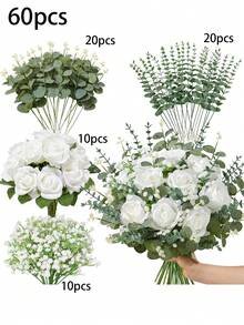 30支人造尤加利葉枝帶漿果，仿真綠植花莖，適用於婚禮、花瓶、花束、花藝裝飾、家居裝飾、花藝布置 - 白色 - 查看 14
