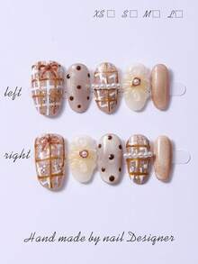 10pcs/Set Handmade Press On Short Oval Nails In Y2K Mocha Brown & 3D Hand Painted Patterns & Hand Drawn Line Polka Dot Design. 1 Piece Of Jelly Gel And 1 Nail File. Suitable For Daily Life And Party Nail Care Supplies. - Mocha Brown - View 2