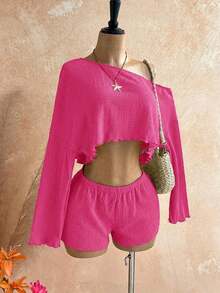 Casual 2-Piece Set Consisting Of A Cropped Top With An Irregular Neckline And Lettuce Hem, And Shorts, In A Solid Color, For Vacation, Spring/Summer - Fuchsia Pink - View 8