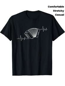Camiseta unisex de manga corta, para hombre Camiseta para Música Entusiastas - Exposiciones a Latido del corazón Patrón Simil a a Mano Acordeón A lo largo con a Blanco Instrumento Gráfico Elaborado de Suave, Cómodo Y Ajustado Tela, Ideal para Concierto Playeras de Outings hombre, , ,  mujer,romwe hombres, boho chic,maestras regalos,camiseta para conjuntos de mujer con curvas para mu,y2k, - Negro - Ver 1