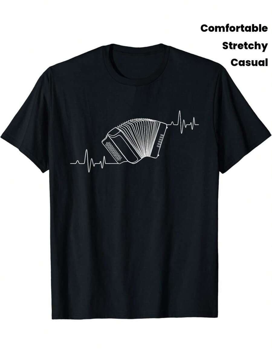 Camiseta unisex de manga corta, para hombre Camiseta para Música Entusiastas - Exposiciones a Latido del corazón Patrón Simil a a Mano Acordeón A lo largo con a Blanco Instrumento Gráfico Elaborado de Suave, Cómodo Y Ajustado Tela, Ideal para Concierto Playeras de Outings hombre, , ,  mujer,romwe hombres, boho chic,maestras regalos,camiseta para conjuntos de mujer con curvas para mu,y2k, - Negro - Ver 1