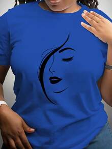 Camiseta de manga corta para mujer, de tela gruesa, con diseño de rostro - Top casual de verano, lavable a máquina, corte holgado. |   Camiseta de moda |   Idea de regalo de tela elástica - Azul - Ver 7