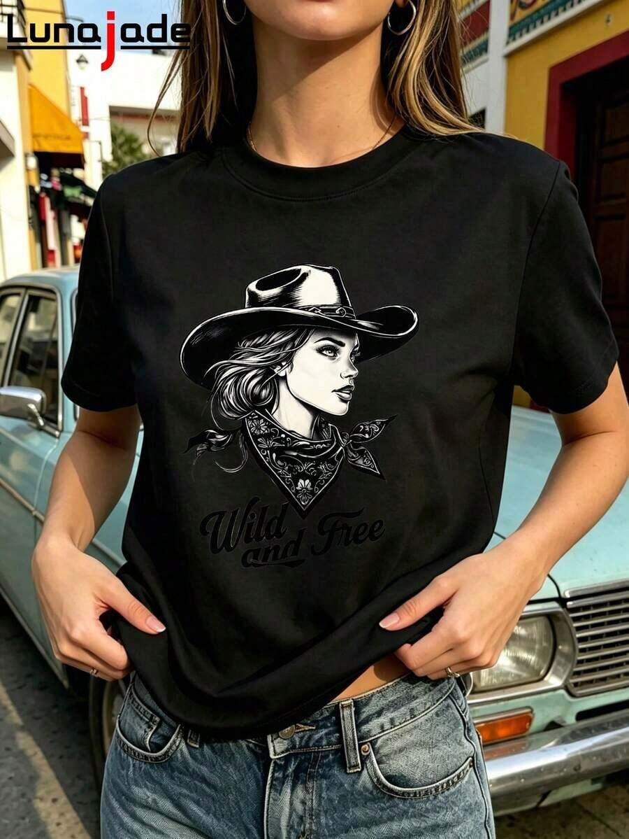 [National Shipping] Lunajade Pure Cotton Oversized Printed Denim T-Shirt With Hat And Retro Scarf For Women, Streetwear, Loose Fit Women's T-Shirts - 第四款 - 查看 1