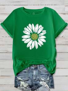 1pscEMERY ROSE Camiseta Casual de Manga Corta con Estampado Floral para Mujer Talla Grande, Camiseta con Cuello Redondo y Diseño Floral para Mujer, Camisetas Gráficas para Mujer, 100% Algodón. - Verde - Ver 6
