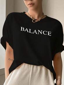 Fashion Printed T-Shirts For Women, Oversized Streetwear Tops, Comfortable And Stylish All-Match Summer Tees. Women's Pure Cotton T-Shirt With Modern BALANCE Print, Casual And Comfortable Design For Spring And Summer, Soft Round Neck, Elegant Urban Style - 黑色 - 查看 6