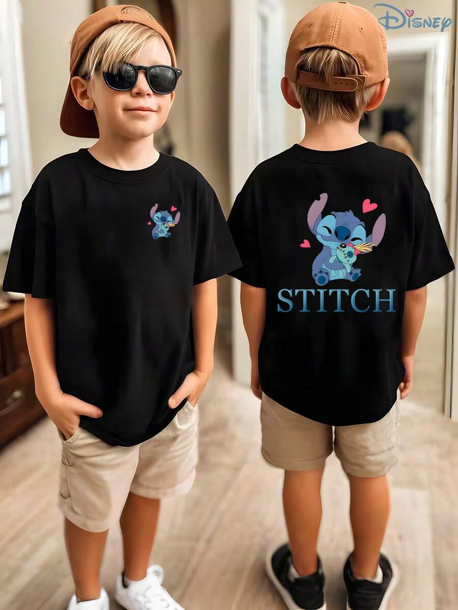 Boys' Disney Lilo & Stitch "Stitch With Doll & Hearts" Double-Sided Graphic T-Shirt, Kids Cute Love Stitch Tee, Soft Casual Top For Boys, Perfect For Theme Parks & Everyday Wear - Black - View 1