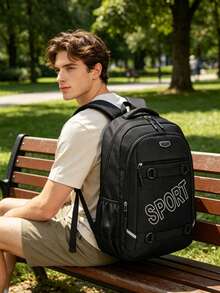 Mochila con estampado de letras negras, bolsa de gran capacidad y resistente con múltiples bolsillos, mochila casual para estudiantes, viajes y deportes con compartimento para portátil - Multicolor - Ver 6