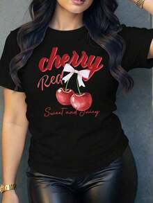 Women's Black Oversized Summer T-Shirt With Cherry Print And The Phrase "Cherry Red". Loose-Fitting Round Neck T-Shirt With A Red Cherry Design And Pink Bow. - YH307-黑色 - 查看 1