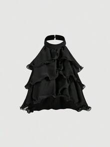 Top corto elegante de múltiples capas con volantes en azul marino, top para Año Nuevo, top de fiesta, top minimalista casual de mujer con botones frontales y tirantes anchos para uso diario, look vintage para el Día de San Valentín - Negro - Ver 5