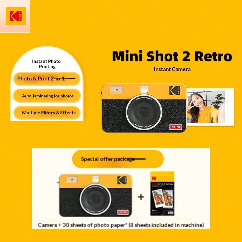 Kodak Máy ảnh chụp ảnh lấy liền C210R cầm tay, màn hình 2 inch, in màu 4 lớp, ảnh không phai màu, kiểu dáng Mini Shot2 Retro, phong cách phim cổ điển, in ấn di động, bộ máy ảnh chụp ảnh lấy liền mini. - Xem 1