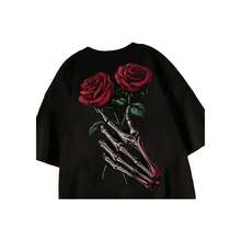 Camiseta negra sexy informal para mujer con estampado de mano de esqueleto y rosa, manga corta, tejido de punto. - Negro - Ver 1